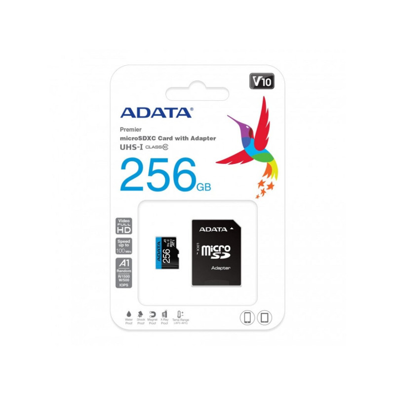 microSDXC (UHS-1) A-DATA Premier 256Gb Class 10 А1 (R-100Mb/s)  (adapter SD) (AUSDX256GUICL10A1-RA1)