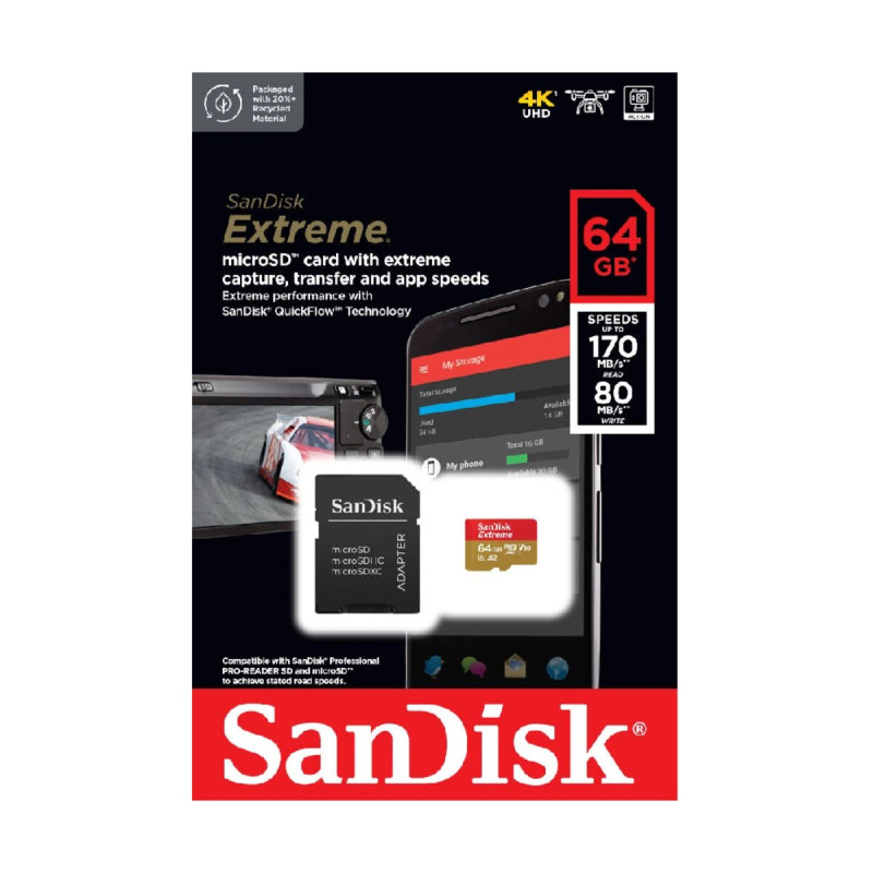FLASH пам'ять SanDisk Extreme A2 V30 UHS-I U3 Micro SDXC 64GB with adapter(SDSQXAH-064G-GN6MA)