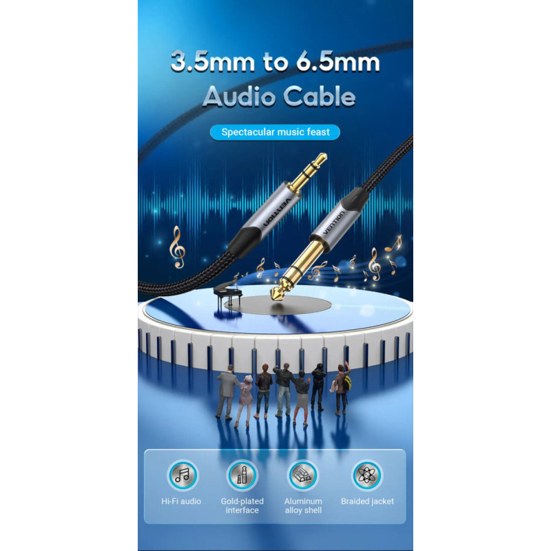 Кабель Vention Cotton Braided 3.5mm TRS Male to 6.35mm Male Audio Cable 5M Gray Aluminum Alloy Type (BAUHJ) (BAUHJ)