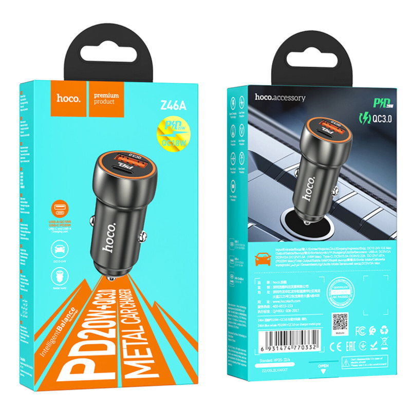 Автомобільний зарядний пристрій HOCO Z46A Blue whale PD20W+QC3.0 car charger Metal Gray (6931474770332)