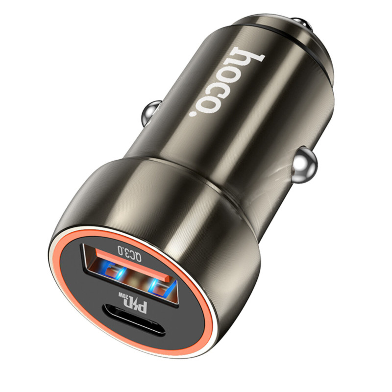 Автомобільний зарядний пристрій HOCO Z46A Blue whale PD20W+QC3.0 car charger Metal Gray (6931474770332)
