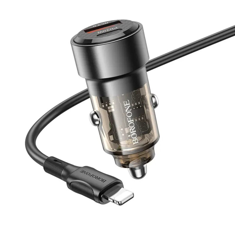 Автомобільний зарядний пристрій BOROFONE BZ20 Smart 38W dual port PD20W+QC3.0 car charger set(C to iP) Transparent Black (BZ20CLTB)