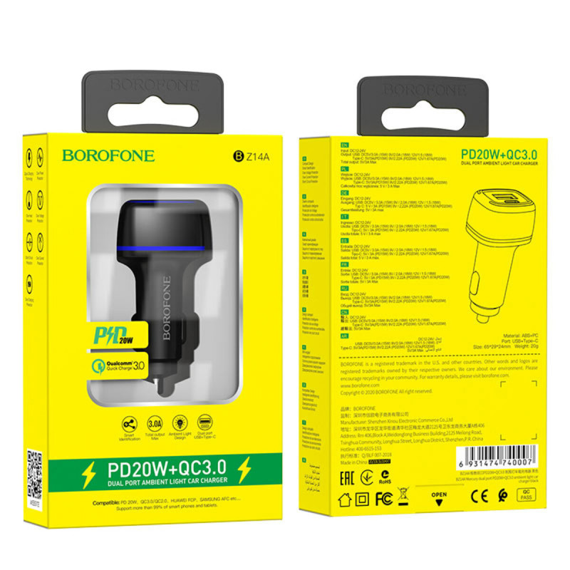 Автомобільний зарядний пристрій BOROFONE BZ14A Mercury PD20W+QC3.0  Black (BZ14AB)