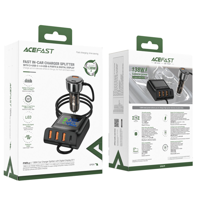 Автомобільний зарядний пристрій ACEFAST B11 138W Car Charger Splitter with Digital Display Black (AFB11)