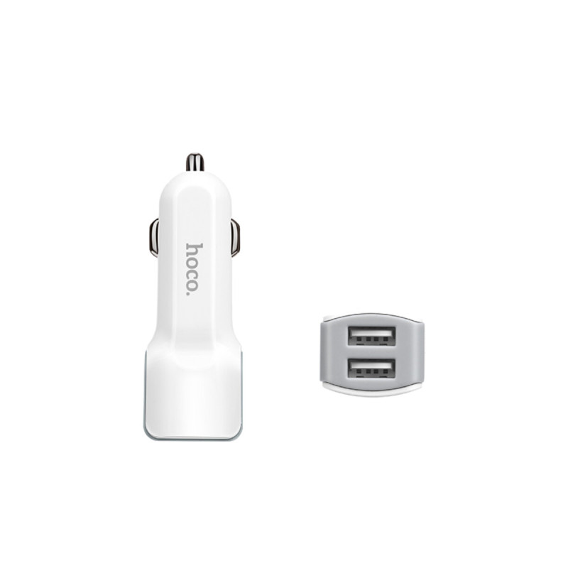 Автомобільний зарядний пристрій HOCO Z23 grand style dual-port car charger set with iP cable White (6957531078012)