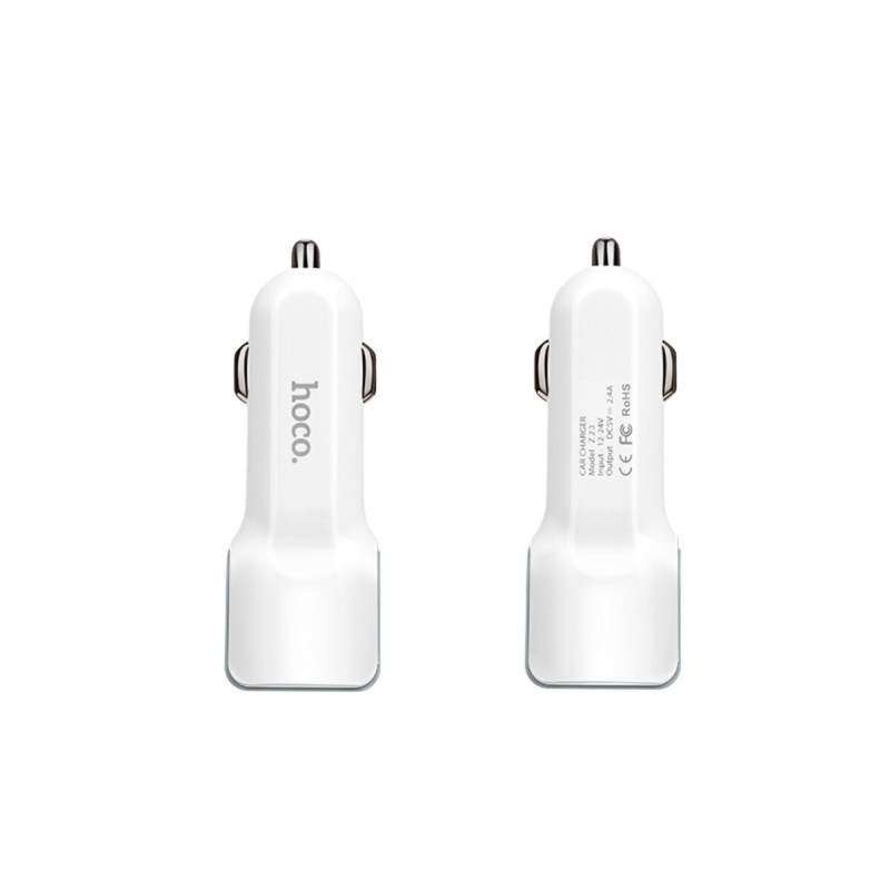 Автомобільний зарядний пристрій HOCO Z23 grand style dual-port car charger set with iP cable White (6957531078012)