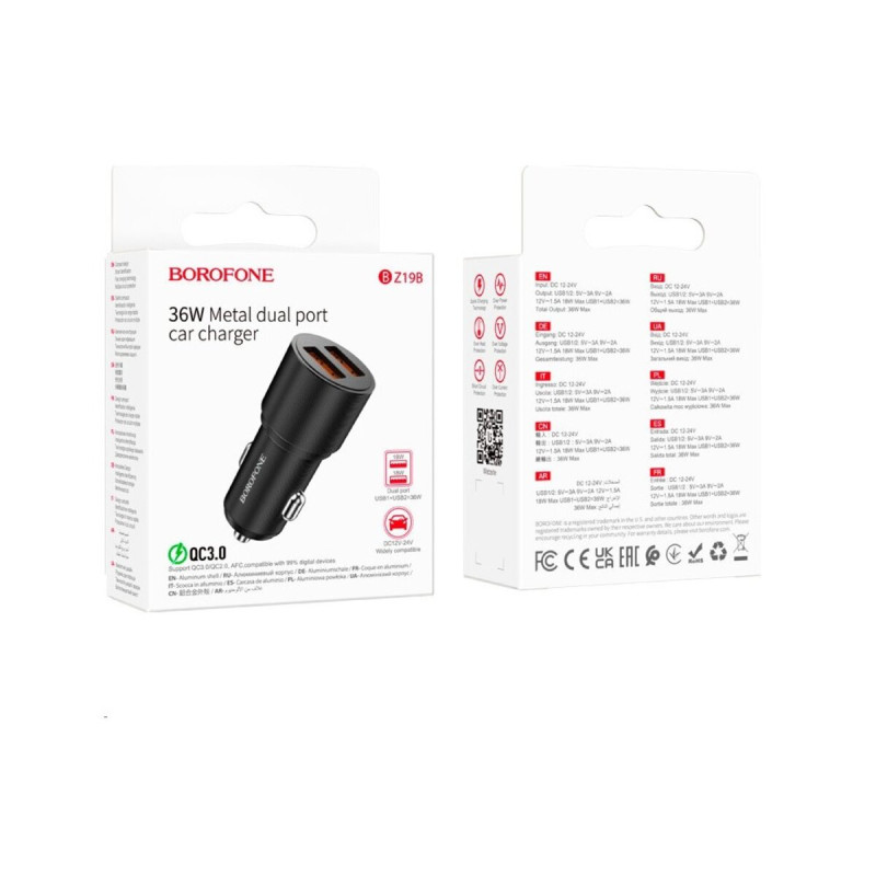 Автомобільний зарядний пристрій BOROFONE BZ19B Wisdom 36W dual port QC3.0 car charger Black (BZ19BCB)
