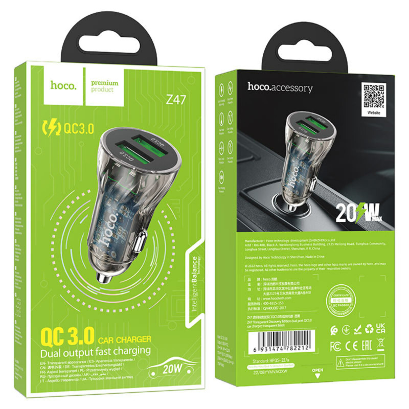 Автомобільний зарядний пристрій HOCO Z47 Transparent Discovery Edition dual port QC3.0 18W Transparent Black (6931474782212)