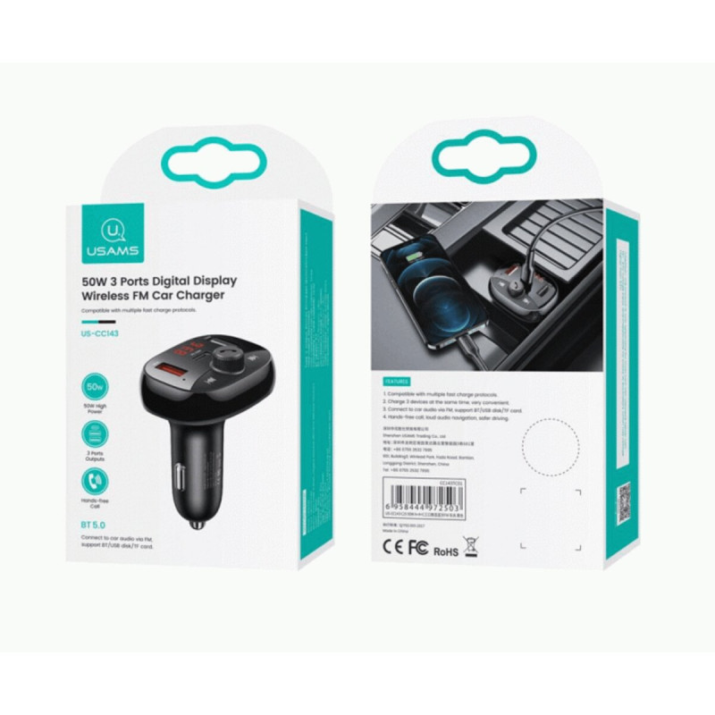 Автомобільний зарядний пристрій Usams US-CC143 C25 Digital Display Wireless FM Car Charger Black(CC143TC01)