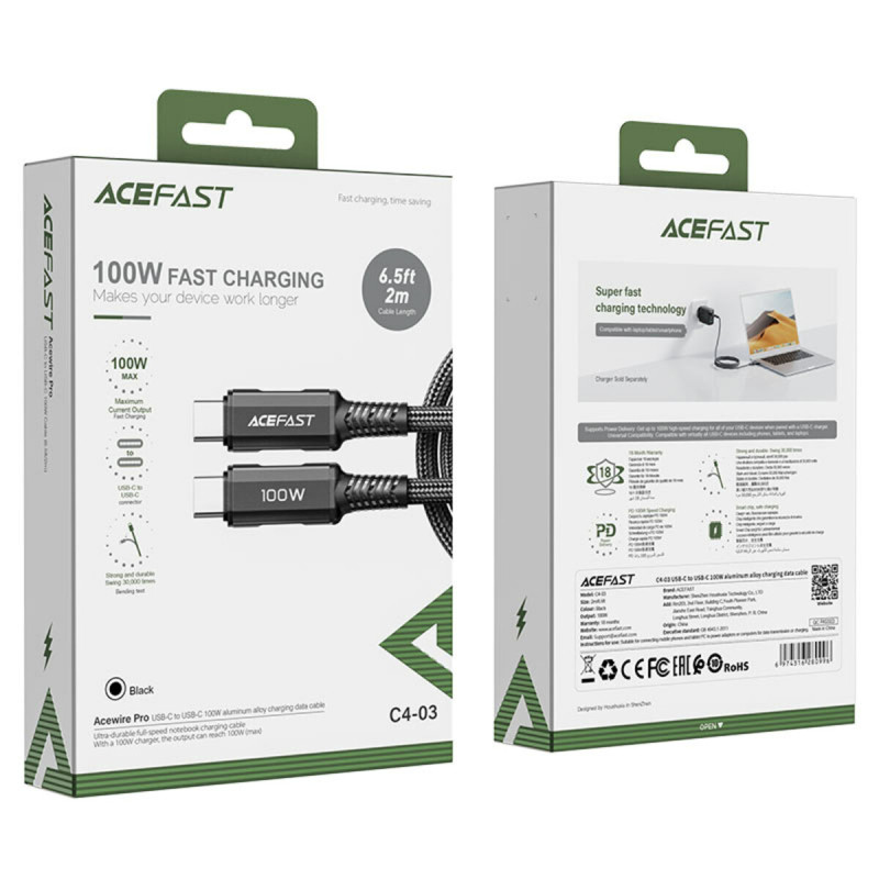 Кабель ACEFAST C4-03 Type-C to Type-C 5A, 100W, 2m, nylon, zinc connectors, Black (AFC4-03B)