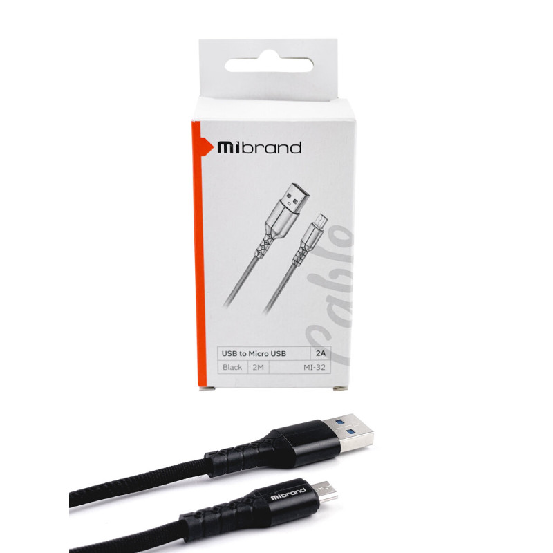 Кабель Mibrand MI-32 Nylon Charging Line USB for Micro 2A 2m Black (MIDC/322MB)