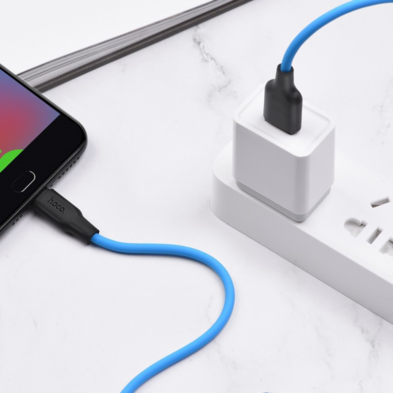 Кабель HOCO X21 Plus USB to Micro 2.4A, 1m, silicone, silicone connectors, Black+Blue (6931474711885)