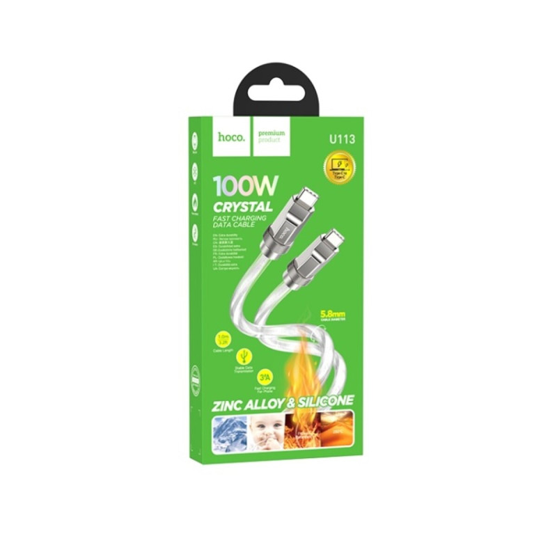 Кабель HOCO U113 Solid 100W silicone charging data cable Type-C to Type-C Silver (6931474790101)