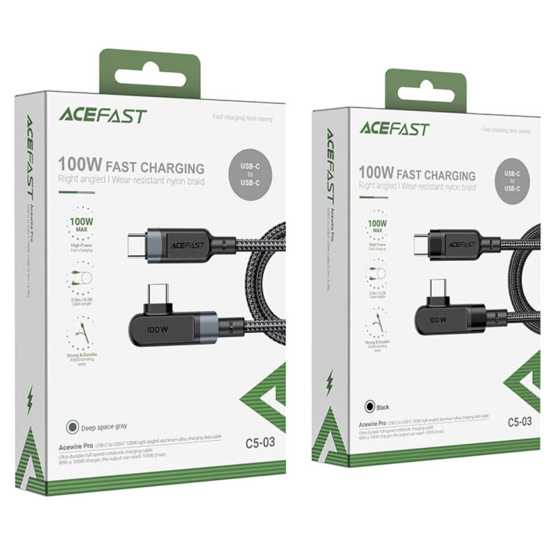 Кабель ACEFAST C5-03 Type-C to Type-C 5A, 100W, 2m, nylon, zinc connectors, Black (AFC5-03B)