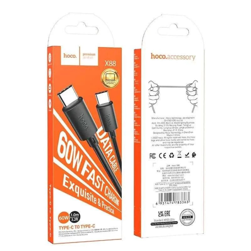 Кабель HOCO X88 Gratified 60W charging data cable for Type-C to Type-C Black (6931474783363)