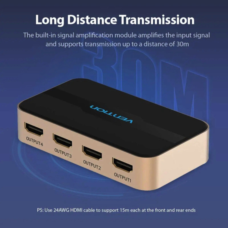 Сплітер Vention 1 In 2 Out HDMI Splitter 4K 30Hz Gold Aluminum Alloy Type EU Standard (ACBG0-EU) (ACBG0-EU)
