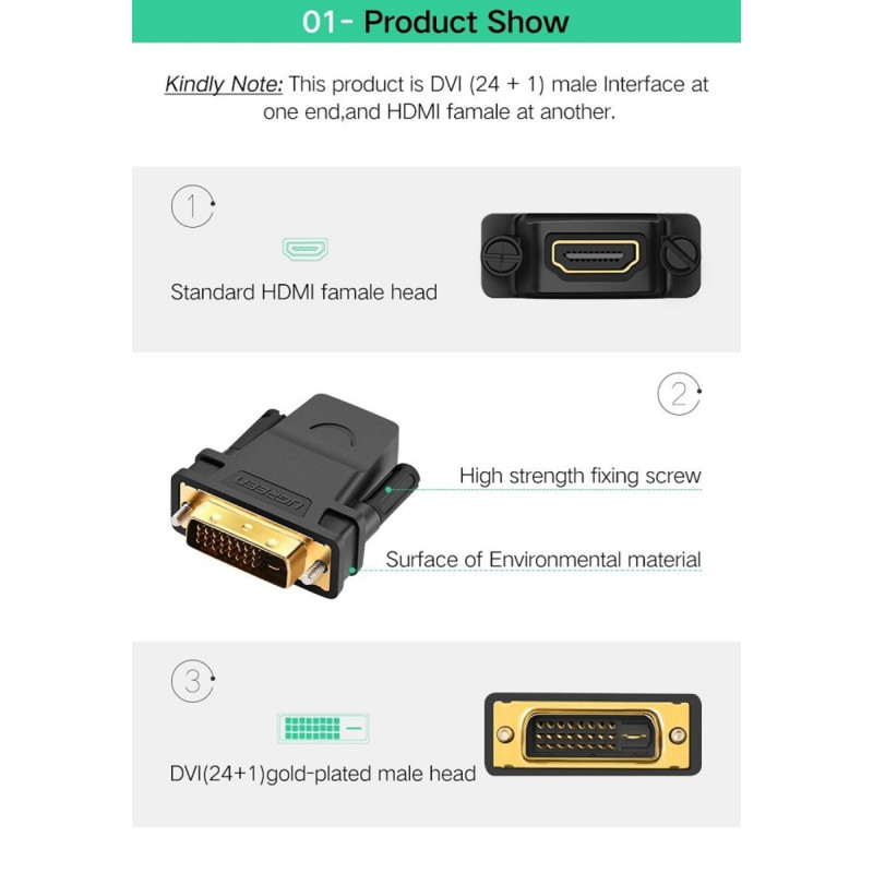 Кабель UGREEN 20124 DVI 24+1 Male to HDMI Female Adapter (Black) (UGR-20124) (UGR-20124)