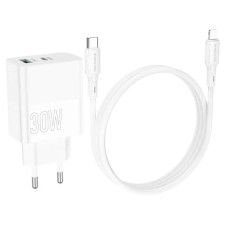 Мережевий зарядний пристрій BOROFONE BA75A Powerful dual port PD30W+QC3.0 charger set(C to iP) White (BA75ACLW)