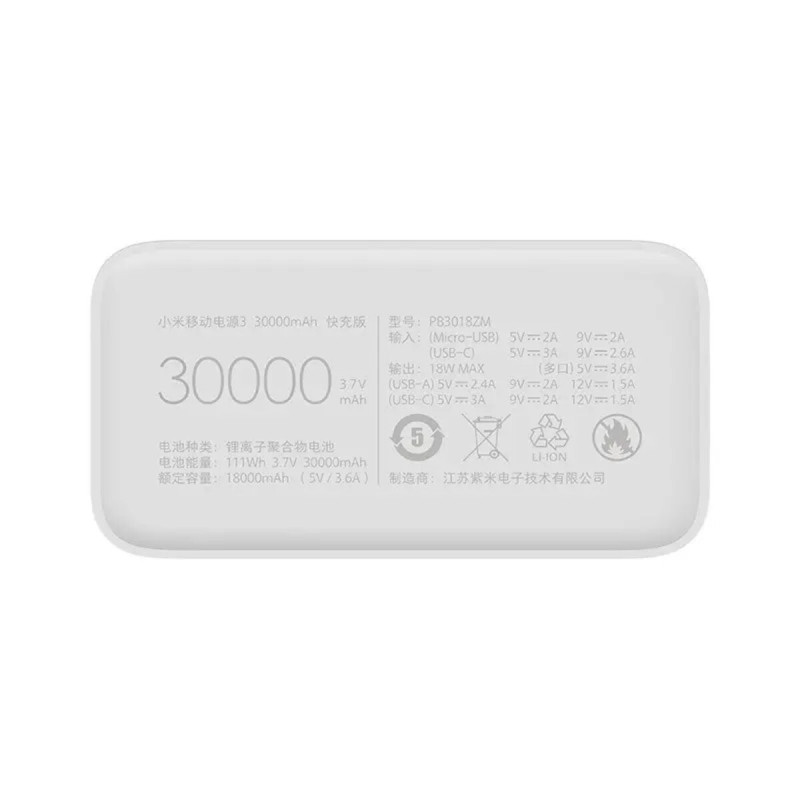 Зовнішній акумулятор Xiaomi Mi Power Bank 3 30000mAh 24W Fast Charge PB3018ZM White (VXN4307CN)